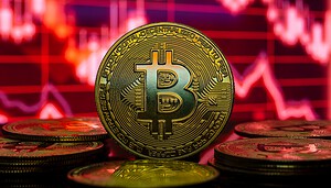 Eine Bitcoin-Münze vor rotem Hintergrund