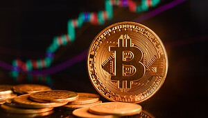 Bitcoin-Münzen for einem steigenden Candlestick-Chart