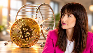 Nicole Nowak und eine Bitcoin-Münze, die ein Hamsterrad aufbricht
