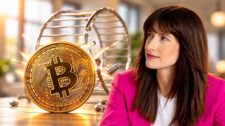 Nicole Nowak und eine Bitcoin-Münze, die ein Hamsterrad aufbricht