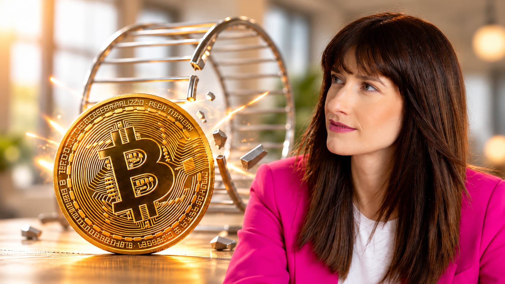 Nicole Nowak und eine Bitcoin-Münze, die ein Hamsterrad aufbricht