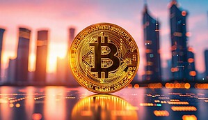 Bitcoin-Prognose, goldene Bitcoin-Münze vor einer Skyline im Sonnenuntergang