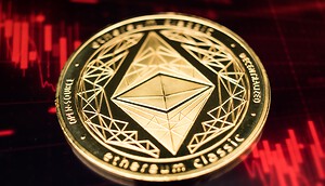 Eine Ethereum-Münze vor einem roten Chart