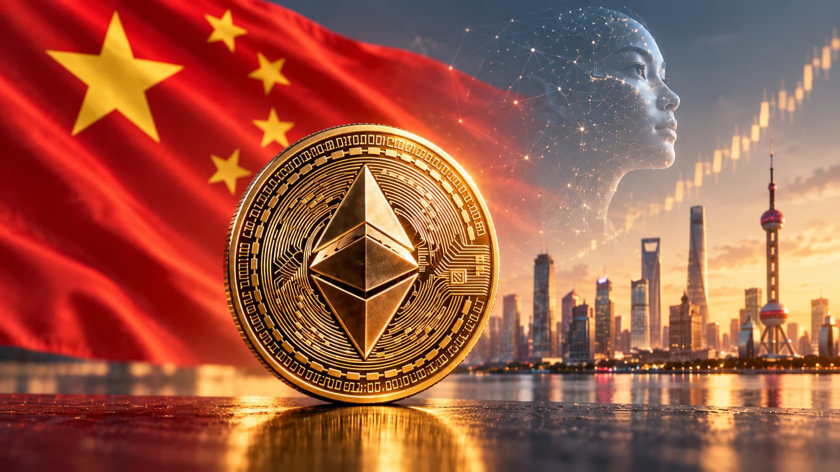 Ethereum-Münze vor China-Fahne