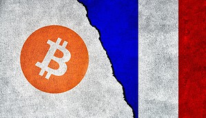Man sieht die französische Flagge rechts und links sieht man Bitcoin. Dazwischen geht ein Riss.