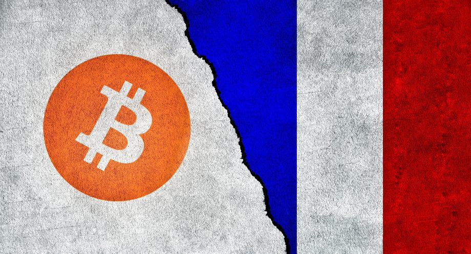 Man sieht die französische Flagge rechts und links sieht man Bitcoin. Dazwischen geht ein Riss.