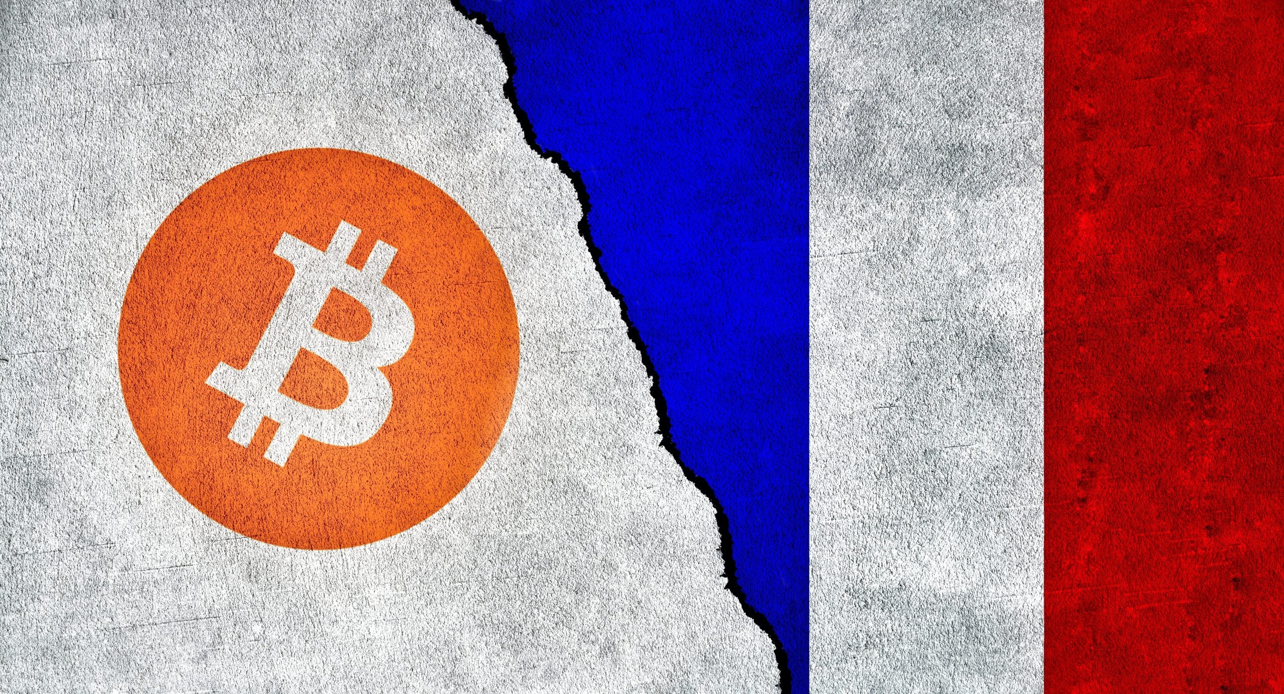 Man sieht die französische Flagge rechts und links sieht man Bitcoin. Dazwischen geht ein Riss.