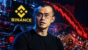 Das Bild zeigt Changpeng Zhao mit einer Bitcoin-Münze und dem Binance-Logo im Hintergrund