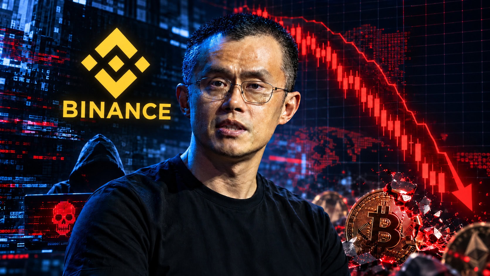 Das Bild zeigt Changpeng Zhao mit einer Bitcoin-Münze und dem Binance-Logo im Hintergrund