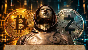 Satoshi-Statue vor einer Bitcoin-Münze (links) und einer Zcash-Münze (rechts)