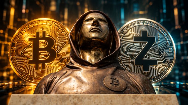 Satoshi-Statue vor einer Bitcoin-Münze (links) und einer Zcash-Münze (rechts)