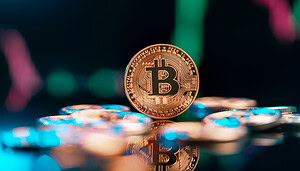 Bitcoin-Münze und verschwommene Candle-Sticks