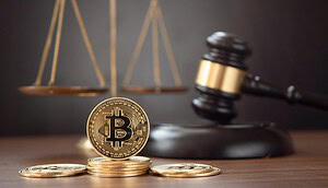Hammer und Bitcoin Symbole auf braunem Tisch