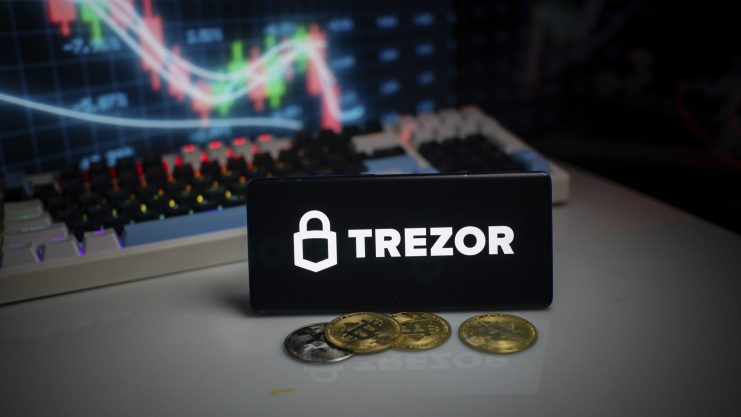 Das Bild zeigt das Trezor-Logo auf einem Smartphone-Bildschirm